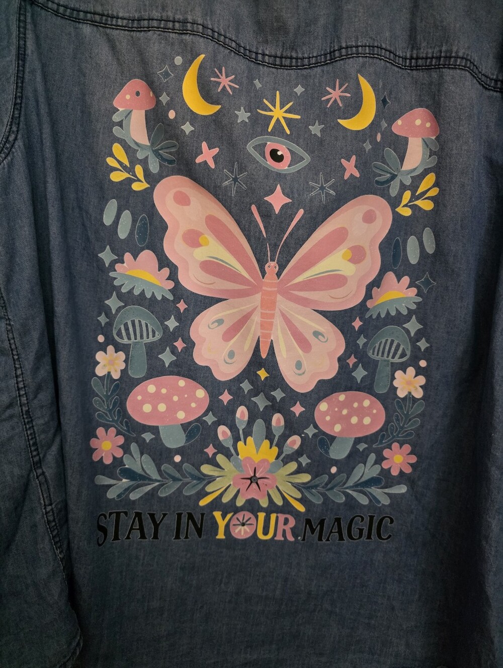 EUC Torrid Blue 100% Cotton Denim Shirt with Butterfly And Mushrooms - Picture 2 of 6